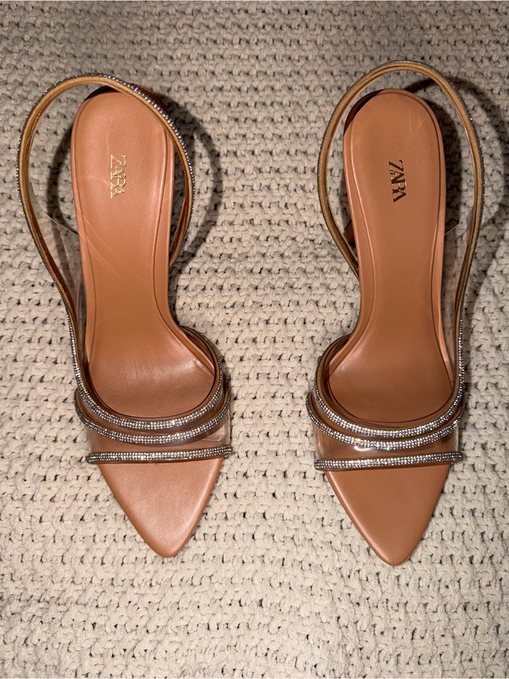 ZARA Tan Pointed Slingback Heels with Crystal-Strap Detail